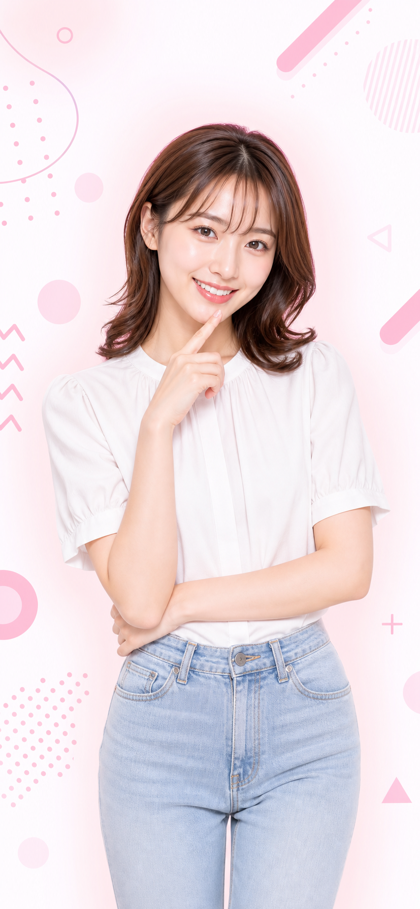 白いブラウスとデニム姿の明るいAI女性モデル